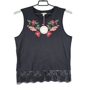 Women's Umgee USA Sleeveless Black Top w/ Floral Embroidery & Lace Hem Size M